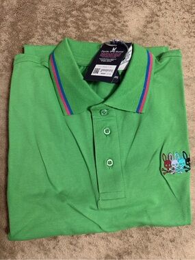 Psycho Bunny Green Polo with Multicolor Collar and Embroidered Bunny Logos